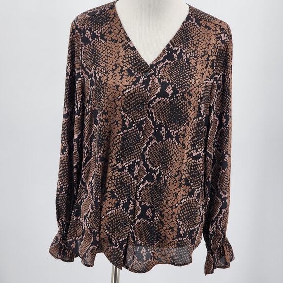 T Tahari Snakeskin Semi-Sheer V-Neck Blouse w/ Ruffle sleeve cuffs NWT Sz Large - Picture 1 of 8